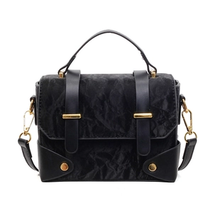 Chic black box handbag with ruched velvet texture and gold hardware for women