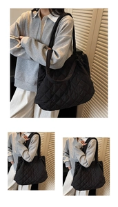 Vue détaillée du sac cabas matelassé noir avec motif à losanges et grande capacité