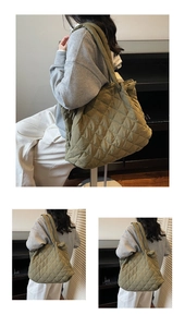 Gros plan sur le sac cabas matelassé vert olive montrant les losanges et le tissu doux