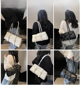 Six-grid collage showing model carrying black and cream oil-waxed leather baguette bags