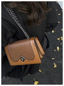 Brown woven leather shoulder bag with silver chain strap shown against autumn leaves