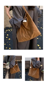 Close-up of brown suede tote bag with decorative coffee knit pendant and beads detail