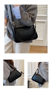 Detailed views of a black pebbled leather crossbody bag with elegant gold-tone hardware