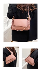Three-angle view of pink pebbled leather shoulder bag with adjustable strap on a model