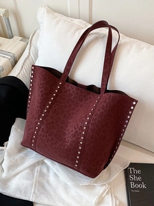 Burgundy leopard print tote bag with silver rivets and large capacity shoulder handles