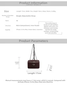 Detailed size specifications for the coffee quilted PU leather chain crossbody bag