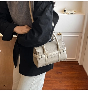 Detail of beige pebbled leather handbag featuring silver hardware and adjustable side straps