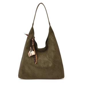 Olive green hobo shoulder bag in retro matte leather with coffee cup tassel charm