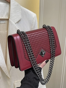 Women Retro PU Leather Weaving Shoulder Bag Fashion Chain Crossbody Bag Stitching Patchwork Underarm Square Bag For Daily Street Trend