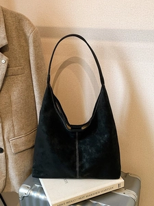 Large capacity black suede hobo shoulder bag with contrast stitching for women