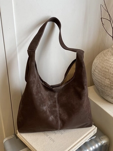 Large capacity dark brown suede tote bag with contrast stitching for daily commute
