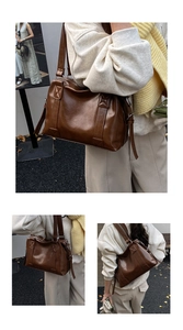 Detailansicht der Vintage braunen PU-Leder Tragetasche mit verstärkten Schultergurten
