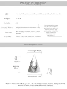 Detailed size chart of the large woven tote bag showing dimensions and PU material specs