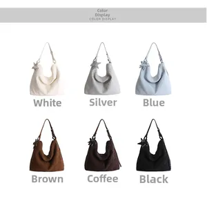 Detailed view of woven texture hobo bags with star charms in six various stylish colors