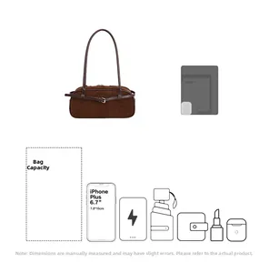 Detailed capacity guide for brown suede baguette bag fitting a 6.7 inch smartphone