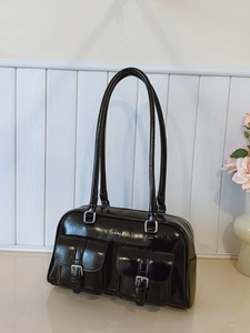 Sac Sous le Bras en Cuir PU Brillant Vintage pour Femmes Rétro Double Poche Sac à Épaule Navette Fermeture Éclair