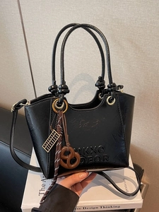 Women's Retro PU Leather Bucket Bag Embossed Letter Knotted Handle Shoulder Bag With Pendant Urban Simple Crossbody Bag
