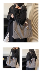 Detail of grey tote bag side with leather buckle and textured vintage fabric finish