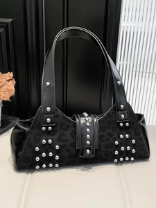 Retro black leather shoulder bag with leopard print texture and silver rivet detailing