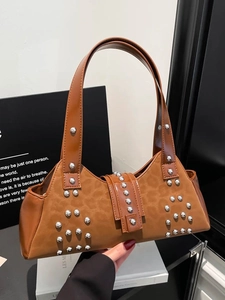 Vintage brown shoulder bag with silver studs and suede texture for women's fashion