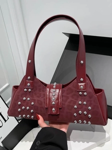 Retro burgundy leopard print underarm bag with silver rivets and sleek leather texture