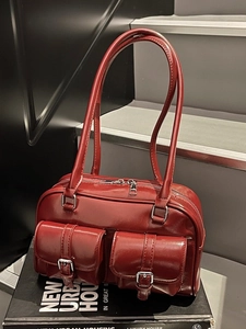 Retro burgundy gloss underarm bag with double front buckle pockets for women