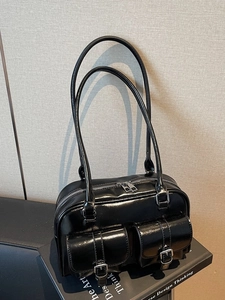 Retro black leather underarm bag with double pockets and silver buckles for women