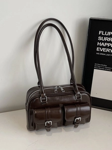 Retro dark brown underarm bag with double front pockets and silver buckles for women