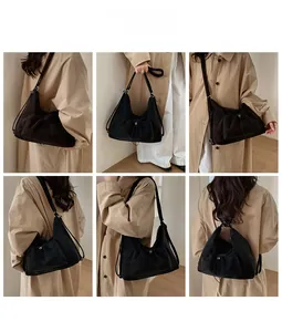 Detail showing various wearing styles of the black corduroy tote bag with drawstring