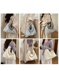 Detailed views of hobo shoulder bag with woven texture and a stylish star pendant