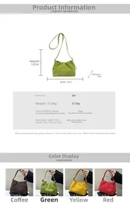 Detailed size chart and multi-color options for pleated bucket bag showing dimensions