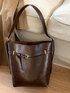 Elegante borsa a secchiello marrone scuro con tracolla larga e fibbia dorata