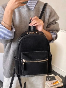 Women Retro Mini Backpack Suede-look PU Leather Contrast Stitching Small Schoolbag Fashion Daily Urban Casual Daypack Gold Hardware
