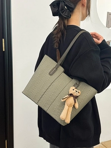 Retro herringbone tote bag in olive green with a cute bear charm for women daily commute