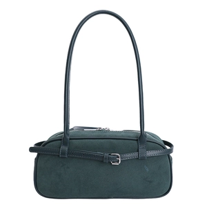 Retro dark green suede Boston bag with slim shoulder strap and buckle accent