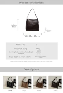 Detailed size specifications and multi-color options for crocodile pattern PU bucket bag