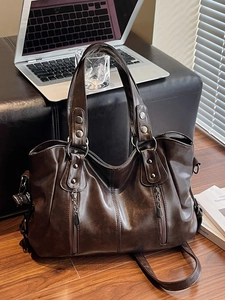 Vintage Women Large Capacity PU Leather Tote Bag Rivet Decorative Zipper Shoulder Messenger Bag Fashion Commuter Handbag