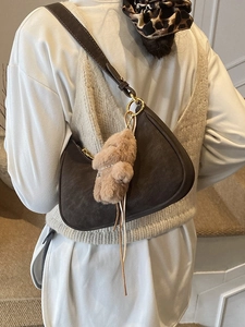 Women Vintage PU Leather Half Moon Hobo Bag Minimalist Solid Color Shoulder Bag With Bear Pendant Adjustable Strap Handbag