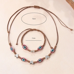 Ensemble collier et bracelet en cuir marron avec breloques cœur et perles mauvais œil