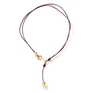 Minimalist leather rope necklace with golden hook and teardrop pendant in brown and gold