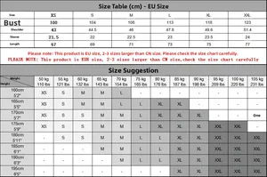 Detailed size chart for men's cotton polo shirt with EU measurements and guide