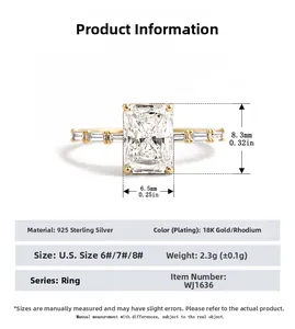 Detailed technical specification table for 925 sterling silver radiant cut zircon ring