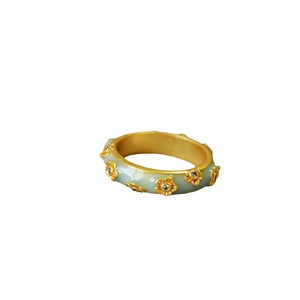 French vintage gold plated flower ring with pale blue enamel and white zircon crystals