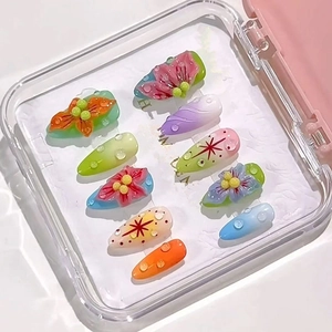 3D Relief Flower Press On Nails Almond Shape Gradient Candy Color Hand Painted Fake Nails With Artificial Pearls For Women