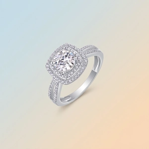 Elegant S925 sterling silver ring with double halo moissanite and split shank