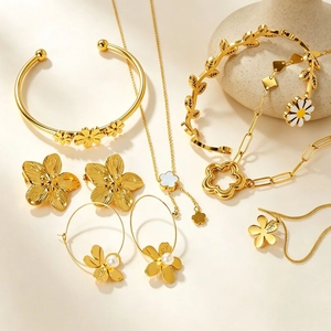 Collier Bracelet Bague Boucles Oreilles Fleur Marguerite Femmes Acier Inoxydable Plaqué Or Élégant Accessoire Minimaliste