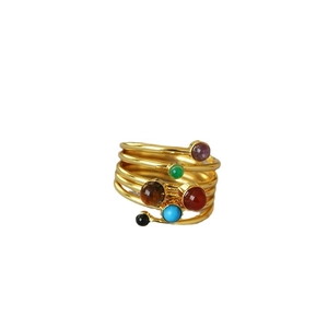 Bohemian multi-layer gold plated ring with six colorful round natural gemstones