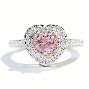 S925 sterling silver ring with heart-cut pink diamond and double halo pavé setting