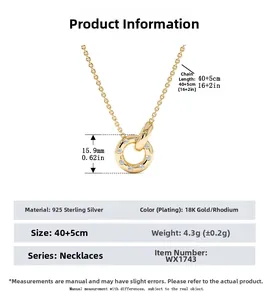 Detailed size chart for S925 sterling silver double ring necklace with 18K gold plating