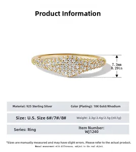 Detailed size specifications of 925 sterling silver pave ring with 7.3mm top height